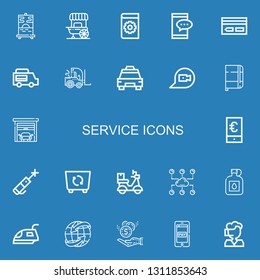 Editable 22 service icons for web and mobile. Set of service included icons line Painting, Food stall, Manual, Smartphone, Key card, Food truck, Forklift, Taxi on blue background