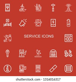 Editable 22 service icons for web and mobile. Set of service included icons line Smartphone, Ship, Charity, Hammer, Antenna, Medical bed, Promotion, Mobile, Phone on red background