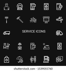 Editable 22 service icons for web and mobile. Set of service included icons line User, Call center, Smartphone, Hammer, Trunk, Ecommerce, Pipe, Delivery truck on black background