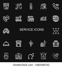 Editable 22 service icons for web and mobile. Set of service included icons line Container, Heater, Smartphone, Cash register, Call, Emergency call, Box, Gas station on black background