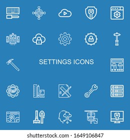 Editable 22 settings icons for web and mobile. Set of settings included icons line Configuration, Cross wrench, Cloud computing, Settings, Ui, Setting, Hammer on blue background