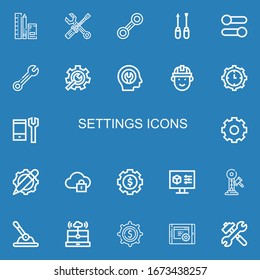 Editable 22 settings icons for web and mobile. Set of settings included icons line Tools, Maintenance, Wrench, Screwdriver, Settings, Setting, Fixed, Engineering on blue background
