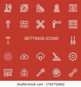 Editable 22 settings icons for web and mobile. Set of settings included icons line Tools, Settings, Design tools, Engineer, System, Wrench, Hammer, Control panel on red background