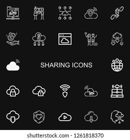 Editable 22 sharing icons for web and mobile. Set of sharing included icons line Shared folder, Hope, Cloud, Charity, Donation, Leader, Cloud computing, Wireless on black background