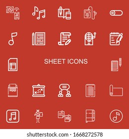 Editable 22 sheet icons for web and mobile. Set of sheet included icons line Music, Music notes, Notes, Roll, Musical note, Sheet, Contract, Bingo, Paper shredder on red background