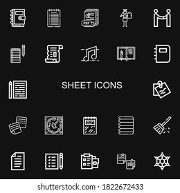 Editable 22 sheet icons for web and mobile. Set of sheet included icons line Notebook, Note, Pdf, Agreement, Notes, Papyrus, Music, Sheet, Paper, Sweep, Shopping list on black background
