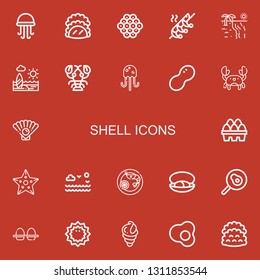 Editable 22 shell icons for web and mobile. Set of shell included icons line Jellyfish, Taco, Caviar, Shrimp, Beach, Lobster, Peanut, Crab, Oyster, Eggs, Starfish on red background