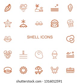 Editable 22 shell icons for web and mobile. Set of shell included icons line Seashell, Sea, Starfish, Beach, Eggs, Taco, Jellyfish, Nest, Egg, Underwater, Boiled egg on white background
