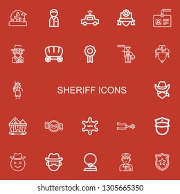 Editable 22 sheriff icons for web and mobile. Set of sheriff included icons line Wild west, Policeman, Police car, Badge, Cowboy, Wagon, Lasso, Cowboy hat, Cowgirl on red background