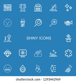 Editable 22 shiny icons for web and mobile. Set of shiny included icons line Treasure, Chest, Mail box, Magic, Shines, Shocked, Magician, Lollipop, Trumpet on blue background