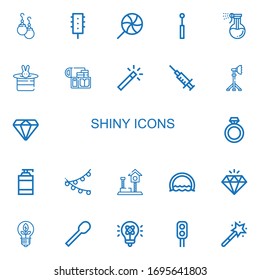 Editable 22 shiny icons for web and mobile. Set of shiny included icons line Earrings, Traffic light, Lollipop, Mirror, Washing, Magic, Gold, Magic wand, Blood on white background
