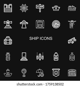Editable 22 ship icons for web and mobile. Set of ship included icons line Tsunami, Rudder, War, Pirate hat, Cruise, Lighthouse, Ufo, Metro, Train, Pirates on black background