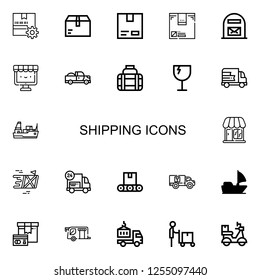 Editable 22 shipping icons for web and mobile. Set of shipping included icons line Package, Cardboard, Box, Mail box, Ecommerce, Pick up, Transport, Fragile on white background