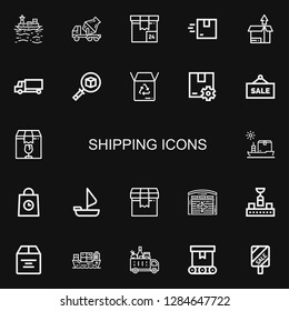 Editable 22 shipping icons for web and mobile. Set of shipping included icons line Boat, Cement truck, Package, Delivery, Delivery truck, Box, Sale, Ship, Sailing boat on black background