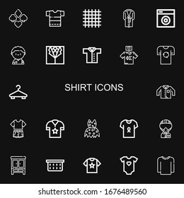 Editable 22 shirt icons for web and mobile. Set of shirt included icons line Suit, Shirt, Cloth, Bathrobe, Washing machine, Soccer player, Tshirt, Hanger, Clothing on black background