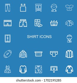 Editable 22 shirt icons for web and mobile. Set of shirt included icons line Jeans, Sleeveless, Wardrobe, Soccer player, Shirt, Short, Shorts, Washing machine on blue background