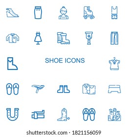 Editable 22 shoe icons for web and mobile. Set of shoe included icons line Sandals, Skirt, Ballerina, Roller skate, Clothes, Clothing, Fashion, Boots, Leg on white background