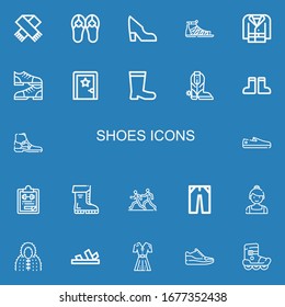 Editable 22 shoes icons for web and mobile. Set of shoes included icons line Scarf, Sandals, Shoe, Coat, Shoes, Dressing room, Boots, Boot, Gym file, Marathon on blue background
