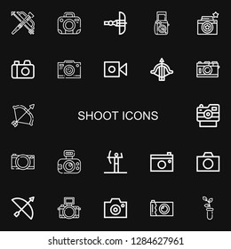Editable 22 shoot icons for web and mobile. Set of shoot included icons line Crossbow, Photo camera, Camera, Archery, Sprout on black background