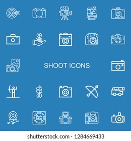 Editable 22 shoot icons for web and mobile. Set of shoot included icons line Archery, Camera, Instant camera, Photo camera, Sprout, Grow, Cannon, No photo on blue background