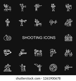 Editable 22 shooting icons for web and mobile. Set of shooting included icons line Paintball, Film director, Water gun, Grenade, Pistol, Sport, Photographer on black background