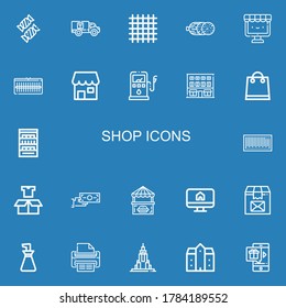 Bearbeitbare 22 Shop-Icons für Web und Mobile. Set von Shop-Inklusive Ikonen Zeile Süßigkeiten, Lieferung, Tuch, Salami, E-Commerce, Wardrobe, Shop, Tankstelle, Gebäude auf blauem Hintergrund