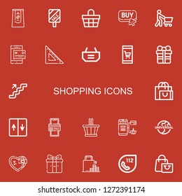 Editable 22 shopping icons for web and mobile. Set of shopping included icons line Pack, Sale, Basket, Buy, Shopping, Payment method, Set square, Shopping basket on red background