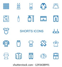 Editable 22 shorts icons for web and mobile. Set of shorts included icons line Cloth, Clothes, Hoodie, Boxing shorts, Punching bag, Short, Jeans, Baby clothes on white background