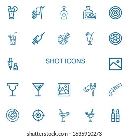 Editable 22 shot icons for web and mobile. Set of shot included icons line Cocktail, Needle, Brandy, Whiskey, Dartboard, Syringe, Diaphragm, Vaccine, Image on white background