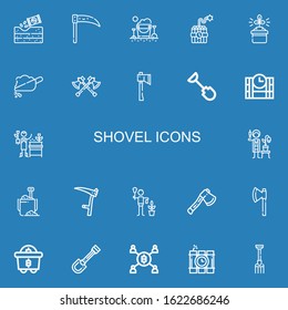 Editable 22 shovel icons for web and mobile. Set of shovel included icons line Gardening, Scythe, Sand bucket, Dynamite, Soil, Axes, Axe, Shovel, Dinamite, Gardener on blue background