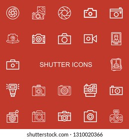 Editable 22 shutter icons for web and mobile. Set of shutter included icons line Shutter, Camera, Photo camera, Photo, Photography, Camera flash on red background