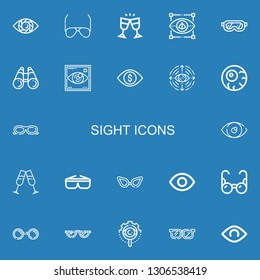 Editable 22 sight icons for web and mobile. Set of sight included icons line Vision, Sunglasses, Glasses, Visual, Visibility, Eye, Eyeball, View on blue background