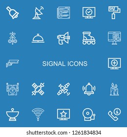 Editable 22 signal icons for web and mobile. Set of signal included icons line Bell, Satellite dish, News, Television, Roller, Signal, Parabolic, Notification on blue background