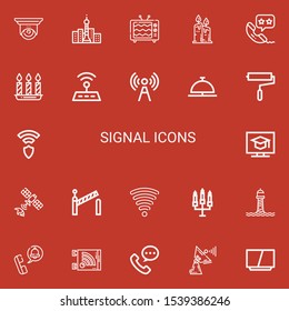 Editable 22 signal icons for web and mobile. Set of signal included icons line Cctv, Tower, Tv, Candles, Phone call, Wifi, Signal, Bell, Paint roller, Wireless on red background