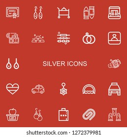 Editable 22 silver icons for web and mobile. Set of silver included icons line Merit, Earrings, Room service, Bullet, Gold, Jewelry, Wedding rings, Ring, Germany on red background