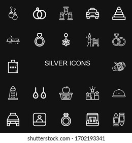 Editable 22 silver icons for web and mobile. Set of silver included icons line Earrings, Wedding rings, Bullets, Taxi, Rings, Gold, Ring, Belly piercing, Room service on black background