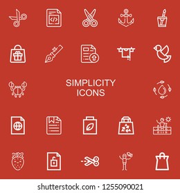 Editable 22 simplicity icons for web and mobile. Set of simplicity included icons line Scissors, File, Anchor, Water, Bag, Clothes hanger, Dove, Crab, Shopping bag on red background