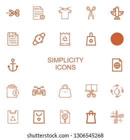 Editable 22 simplicity icons for web and mobile. Set of simplicity included icons line Scissors, File, Clothes hanger, Eagle, Watch, Paper bag, Shopping bag on white background