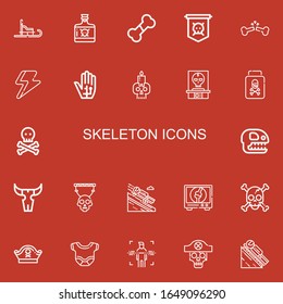 Editable 22 skeleton icons for web and mobile. Set of skeleton included icons line Luge, Poison, Bone, Jolly roger, Broken bone, Ray, Radiography, Skull, Fossil on red background