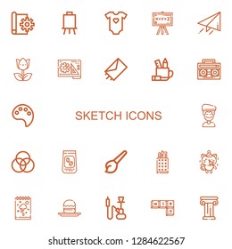 Editable 22 sketch icons for web and mobile. Set of sketch included icons line Sketch, Canvas, Baby clothes, Chalkboard, Send, Tulip, Blueprint, Pencil case on white background