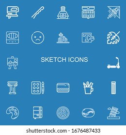 Bearbeitbar 22 Skizzensymbole für Web und Mobile. Set Skizzen inklusive Ikonen Linie Fretsaw, Hairpin, Inkwell, Aquarell, Hang-Gleitschirm, farbige Stifte, Sad, Architektur auf blauem Hintergrund