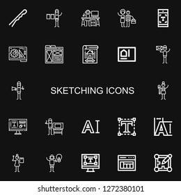 Editable 22 sketching icons for web and mobile. Set of sketching included icons line Hairpin, Graphic designer, Typography, Blueprint, Layout on black background