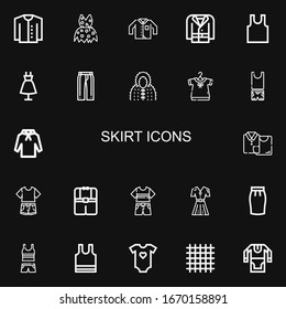 Editable 22 iconos de falda para web y móvil. Conjunto de faldas incluidas la línea de iconos Cardigan, Clothing, Coat, Sleeveless, Fashion, Trouser, Clothes, Hoodie, Skirt sobre fondo negro