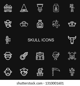 Editable 22 skull icons for web and mobile. Set of skull included icons line Wagon, Witch, Skull, Poison, Pirate, Cowboy, Pirates, Toxic, Voodoo, Pirate hat on black background
