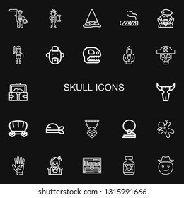 Editable 22 skull icons for web and mobile. Set of skull included icons line Lasso, Pirate, Witch, Cigar, Dracula, Punk, Fossil, Skull, Treasure, Wagon, Cowboy on black background