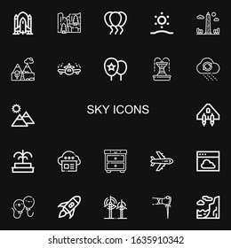 Editable 22 sky icons for web and mobile. Set of sky included icons line Rocket ship, Cliff, Balloons, Sunrise, Obelisk, Mountains, Airplane, Fountain, Rain on black background