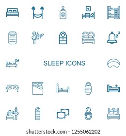 Editable 22 sleep icons for web and mobile. Set of sleep included icons line Bed, Hammock, Baby feeder, Medical bed, Bunk bed, Sleeping bag, Feeder, Snooze on white background