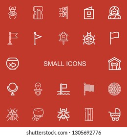 Editable 22 small icons for web and mobile. Set of small included icons line Beetle, Sharpener, Flags, Baby book, Troglodyte, Flag, Birdhouse, Ladybug, Fish bowl on red background