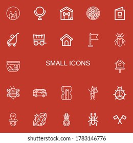 Editable 22 small icons for web and mobile. Set of small included icons line Crying, Mirror, Dog house, Baozi, Baby book, Stroller, Carriage, Flag, Beetle, Fishbowl on red background