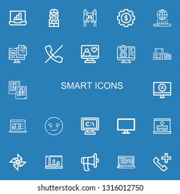Editable 22 smart icons for web and mobile. Set of smart included icons line Laptop, Nerd, Jetpack, Settings, Hologram, Computer, No calls, Scan, Photo, Smart on blue background